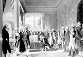 图1 G.华盛顿在选举中获得一致拥护，就任第一届美国总统(1781)